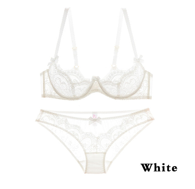 white lace bra set 1/2 cup hollow out brassiere see through bra transparent lingerie women plus size sexy underwear sets