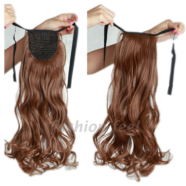 long curly tie up ponytail synthetic clip in hair extension real natural ribbon wrap around on hairpieces