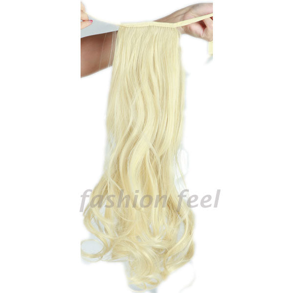 long curly tie up ponytail synthetic clip in hair extension real natural ribbon wrap around on hairpieces