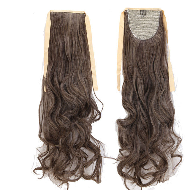 long curly tie up ponytail synthetic clip in hair extension real natural ribbon wrap around on hairpieces