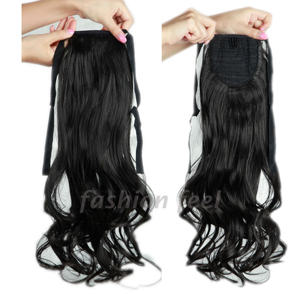 long curly tie up ponytail synthetic clip in hair extension real natural ribbon wrap around on hairpieces