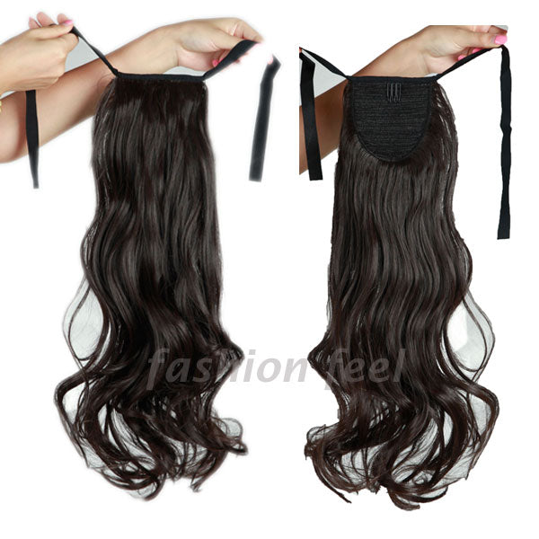 long curly tie up ponytail synthetic clip in hair extension real natural ribbon wrap around on hairpieces