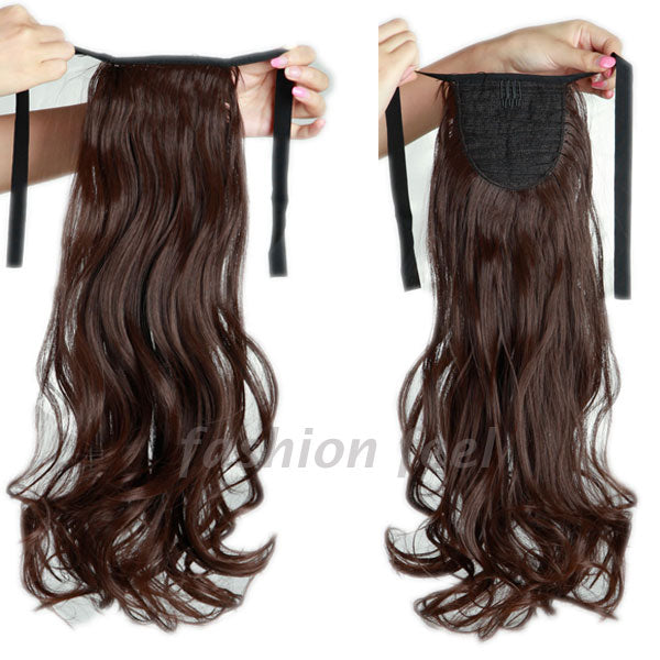 long curly tie up ponytail synthetic clip in hair extension real natural ribbon wrap around on hairpieces