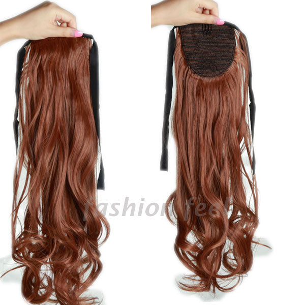 long curly tie up ponytail synthetic clip in hair extension real natural ribbon wrap around on hairpieces