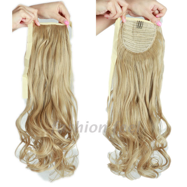 long curly tie up ponytail synthetic clip in hair extension real natural ribbon wrap around on hairpieces