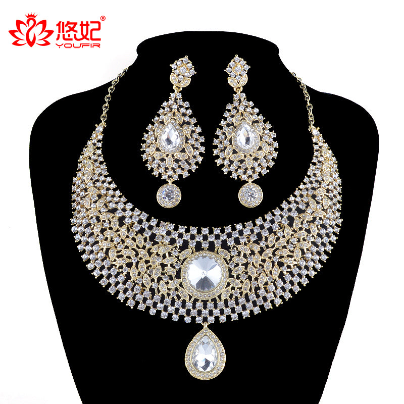 india style luxury women wedding jewelry set crystal rhinestone necklace earrings set bridal jewelry