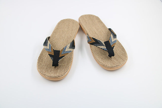 new summer men linen flip flop striped ribbon sandals flat eva non-slip linen slides home slipper man casual straw beach shoes