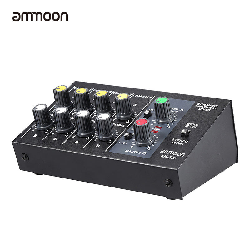 am-228 ultra-compact low noise 8 channels metal mono stereo audio sound mixer with power adapter cable