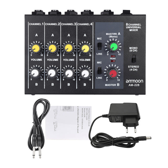 am-228 ultra-compact low noise 8 channels metal mono stereo audio sound mixer with power adapter cable eu plug