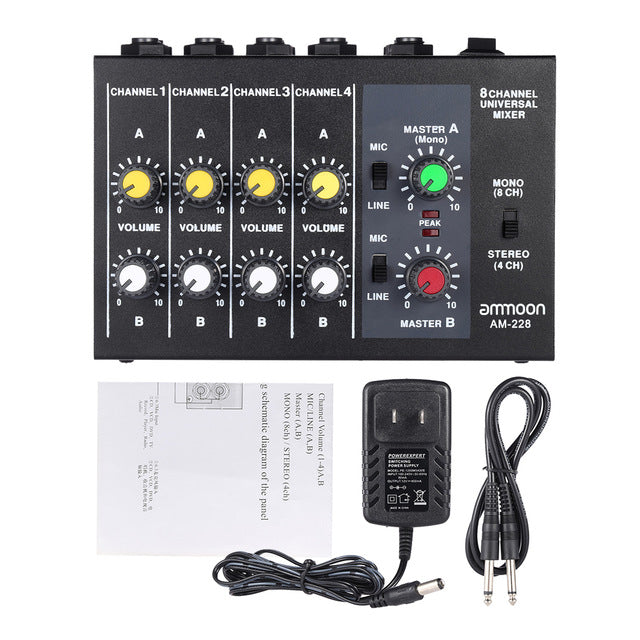 am-228 ultra-compact low noise 8 channels metal mono stereo audio sound mixer with power adapter cable us plug