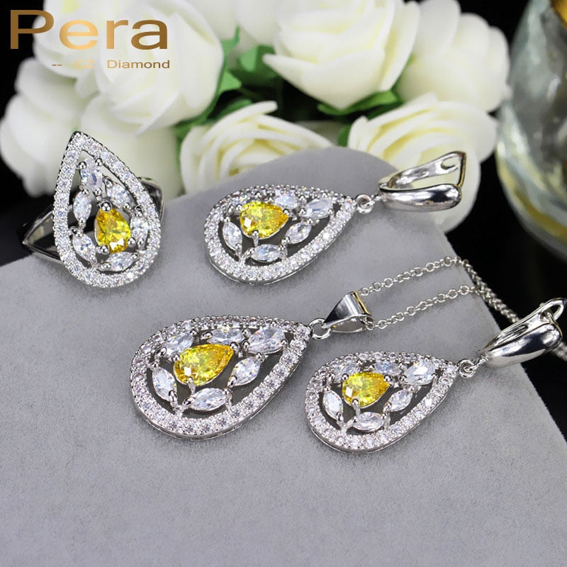 cz new fashion white and yellow crystal stone 925 sterling silver 3 piece big water drop jewelry sets for women party