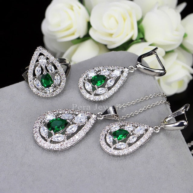 cz new fashion white and yellow crystal stone 925 sterling silver 3 piece big water drop jewelry sets for women party