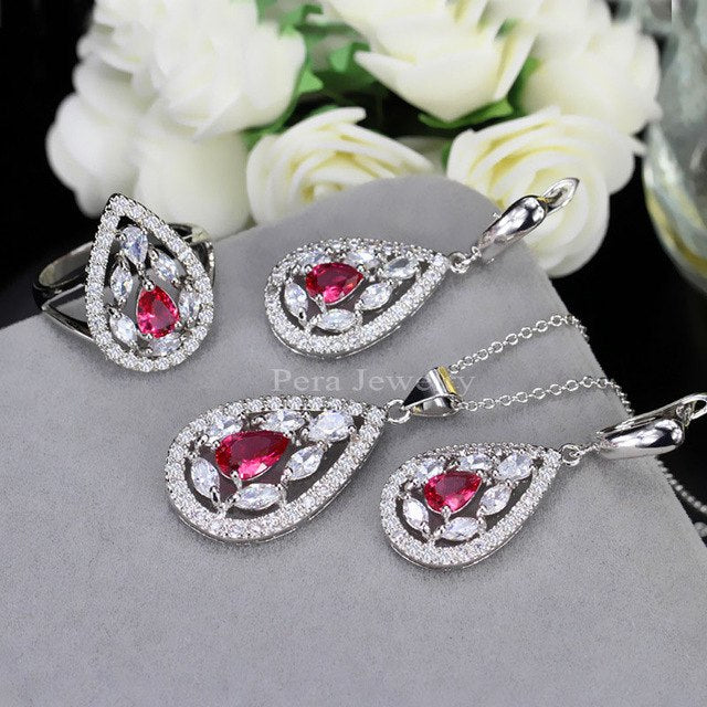 cz new fashion white and yellow crystal stone 925 sterling silver 3 piece big water drop jewelry sets for women party