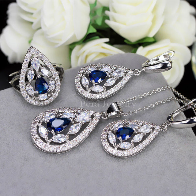 cz new fashion white and yellow crystal stone 925 sterling silver 3 piece big water drop jewelry sets for women party