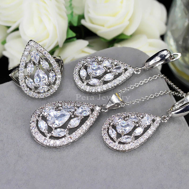 cz new fashion white and yellow crystal stone 925 sterling silver 3 piece big water drop jewelry sets for women party