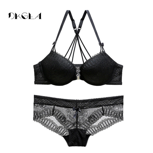 new arrivals front closure bras lace embroidery gathering underwear set women sexy vs lingerie black thick  push up bra set