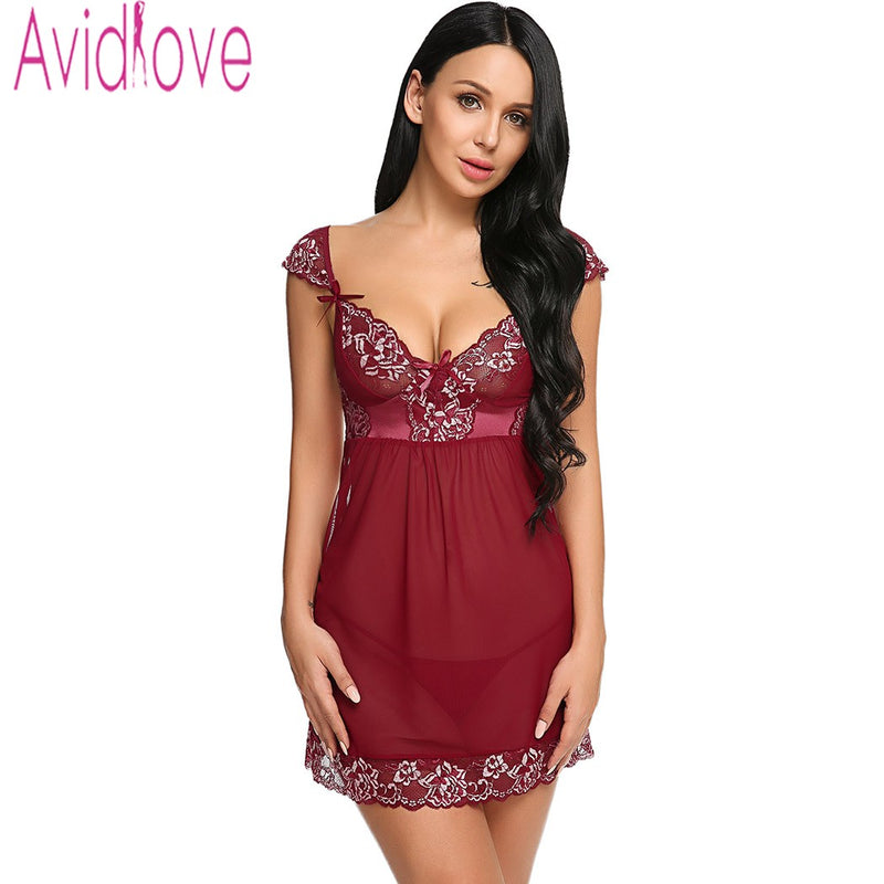 avidlove female hot erotic lingerie nightwear cap sleeve lace-trimmed hem bow decor sexy see through mini babyboll with thong