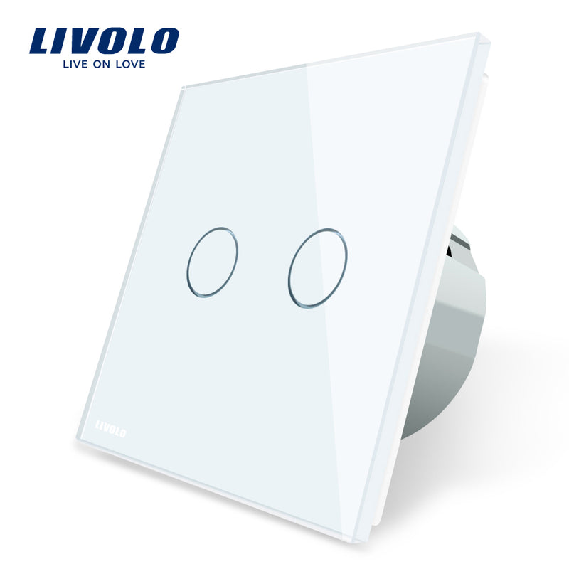 2 gang 1 way wall touch switch, white crystal glass switch panel, eu standard,  220-250v,vl-c702-1/2/3/5