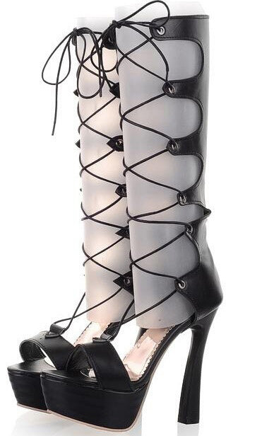 thin high heel chunky lace up women cut out knee high sandals boots  summer long open the toe cutout boots