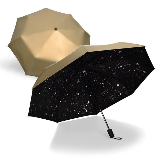 new style starry sky black coating windproof anti uv sun/rain triple folding umbrella 2