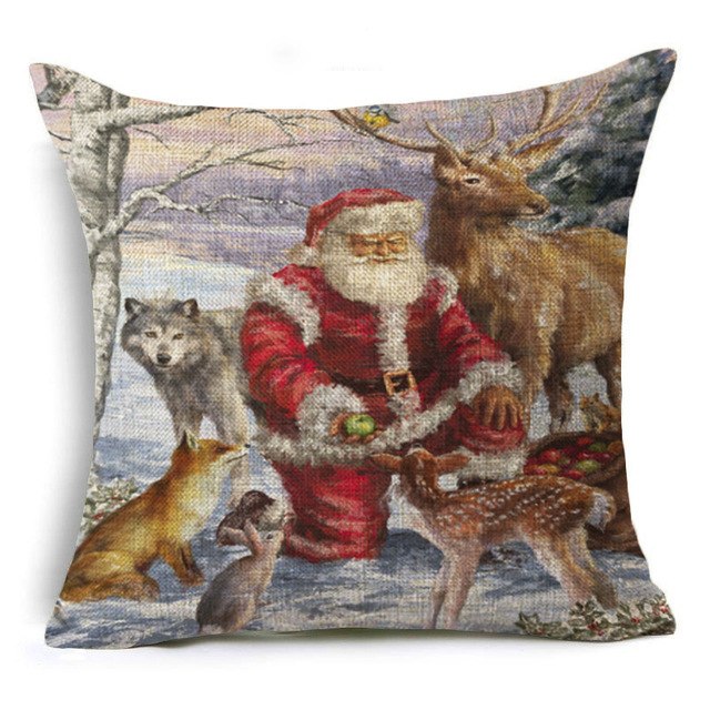 christmas deer cushion cover cotton linen xmas deer santa claus pillows cover 43x43 cm / 2