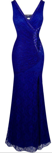 angel-fashions formal party v neck beading see through lace evening dress robe de soiree 232