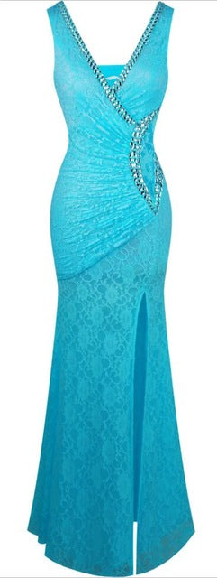 angel-fashions formal party v neck beading see through lace evening dress robe de soiree 232