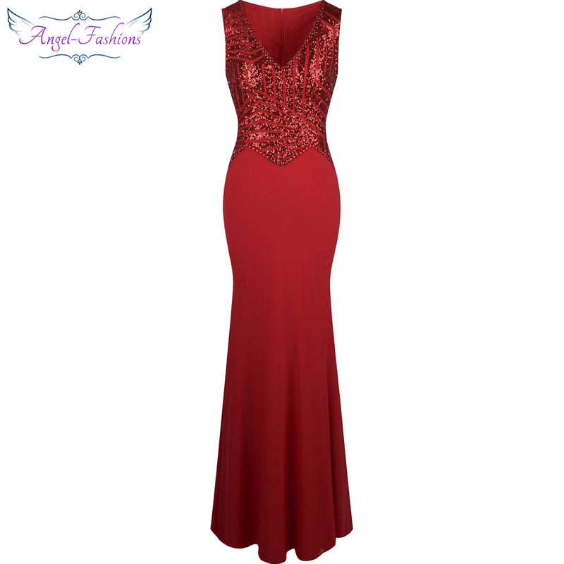 angel-fashions v neck sequin beaded mermaid long evening dress formal party red silver