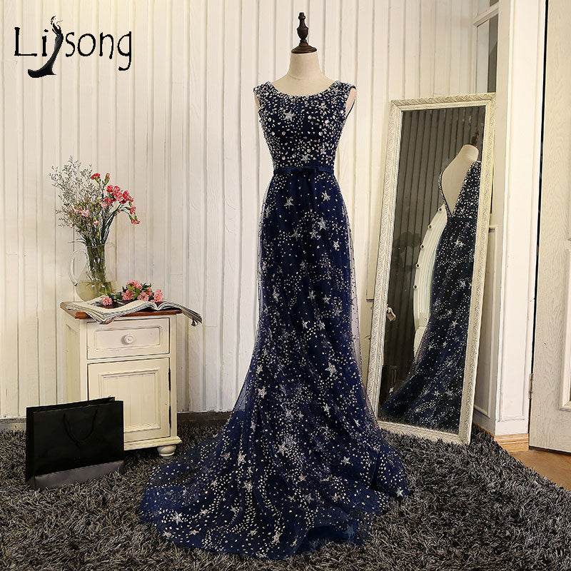 luxury crystal stars mermaid long evening dresses dubai mermaid sexy backless navy blue evening gowns