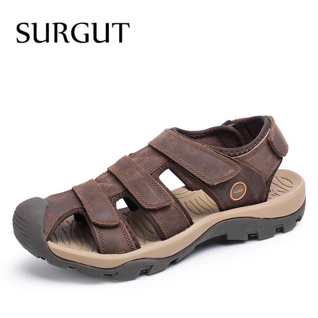 surgut brand new high quality men genuine leather sandals breathable comfortable cozy summer shoes fashion flat male sandals