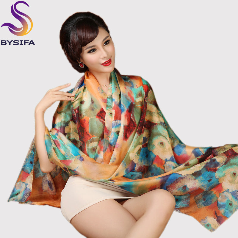 [bysifa] silk scarf plus size broadened silk women's silk scarf shawl female scarf new winter orange coffee women long scarves