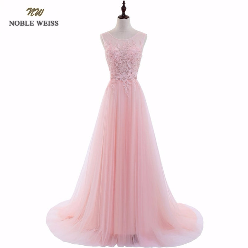 noble weiss sexy o-neck a-line sweep train tulle lace evening dress bare back cheap prom dresses robe de soiree party dress
