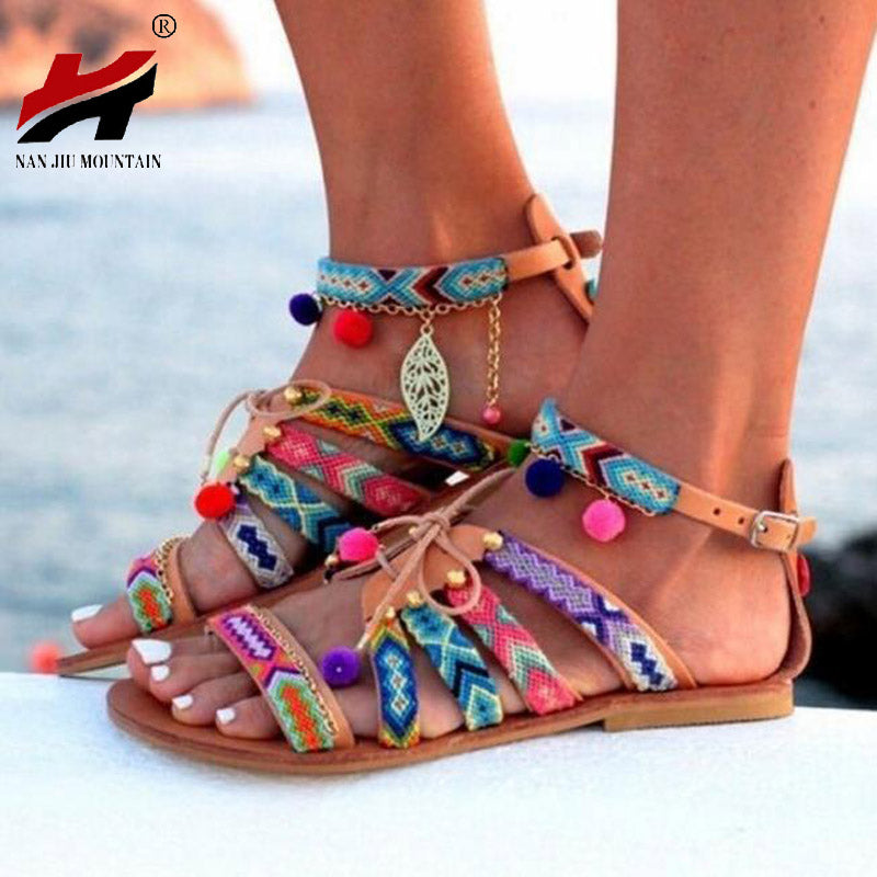 ethnic bohemian summer woman pompon sandals gladiator roman strappy embroidered shoes women flat sandals