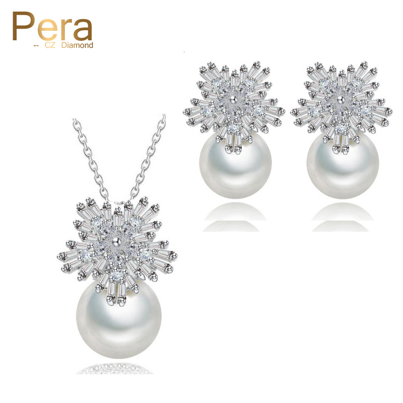 gorgeous large cubic zirconia flower drop pendant necklace and earrings women party jewelry set with imitation pearls