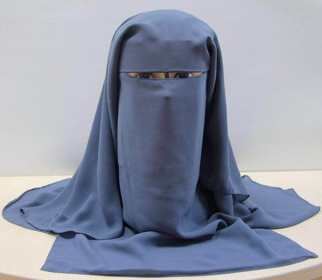islamic 3 layers niqab burqa bonnet hijab cap veil muslim bandana scarf headwear black face cover abaya style wrap head covering blue gray