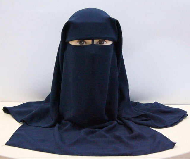 islamic 3 layers niqab burqa bonnet hijab cap veil muslim bandana scarf headwear black face cover abaya style wrap head covering dark blue