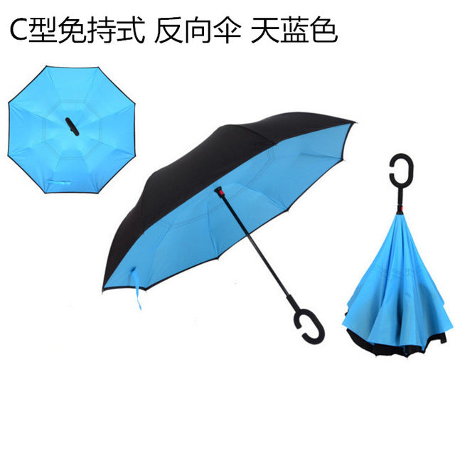 windproof reverse folding double layer inverted umbrella self stand umbrella rain women high quality light blue