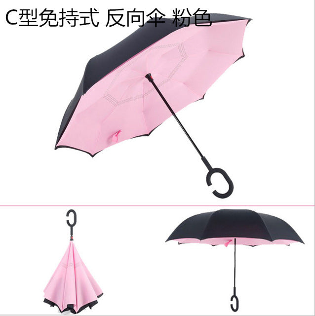 windproof reverse folding double layer inverted umbrella self stand umbrella rain women high quality pink