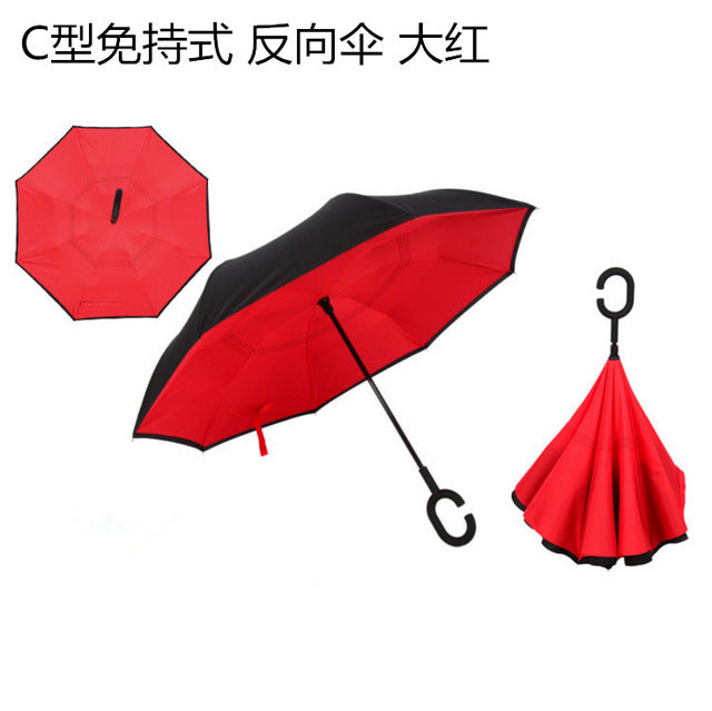 windproof reverse folding double layer inverted umbrella self stand umbrella rain women high quality red