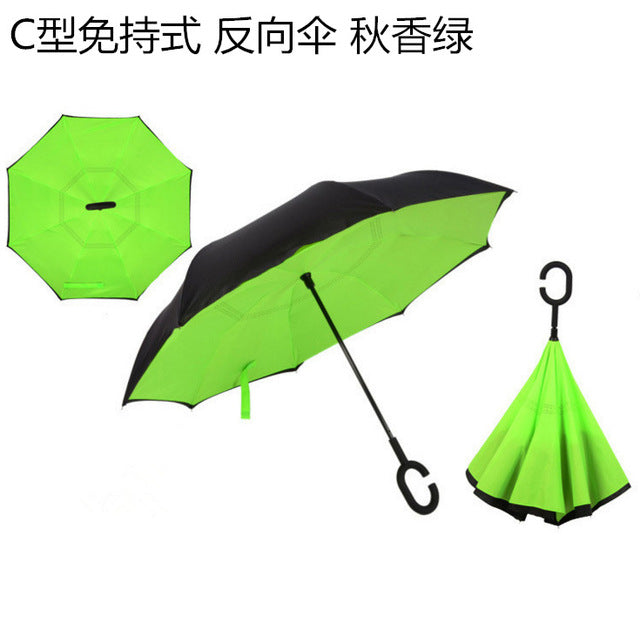 windproof reverse folding double layer inverted umbrella self stand umbrella rain women high quality green
