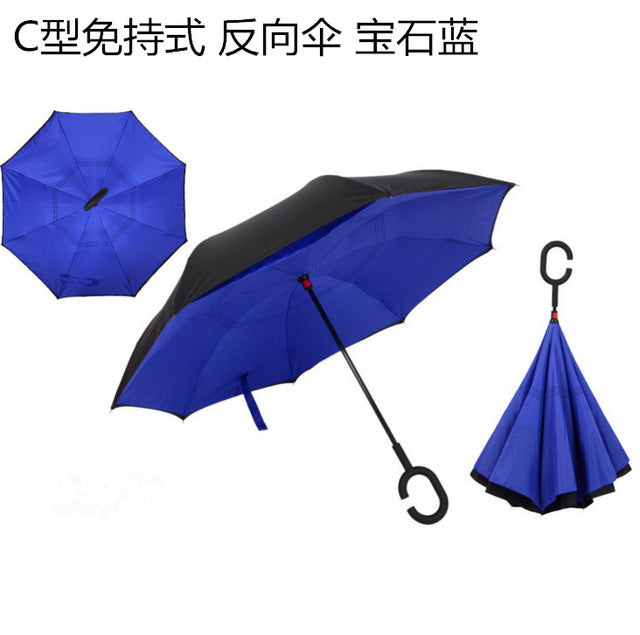 windproof reverse folding double layer inverted umbrella self stand umbrella rain women high quality blue