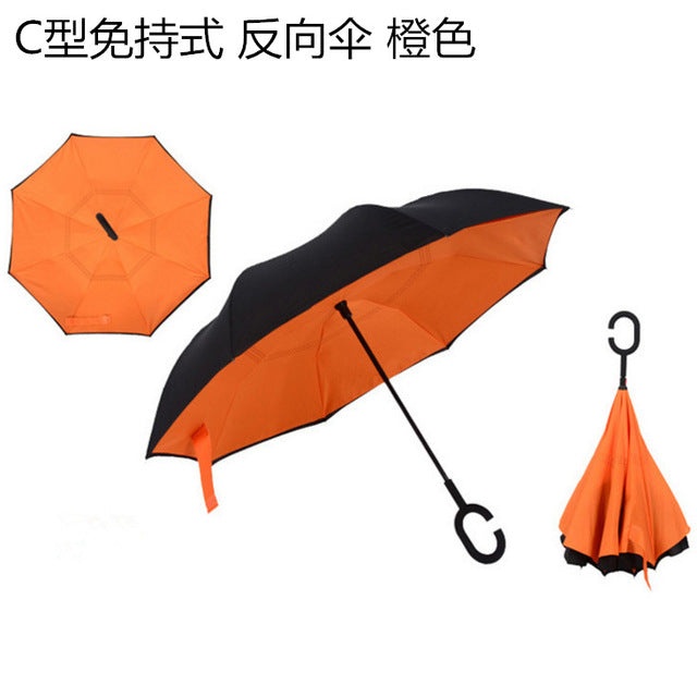 windproof reverse folding double layer inverted umbrella self stand umbrella rain women high quality orange