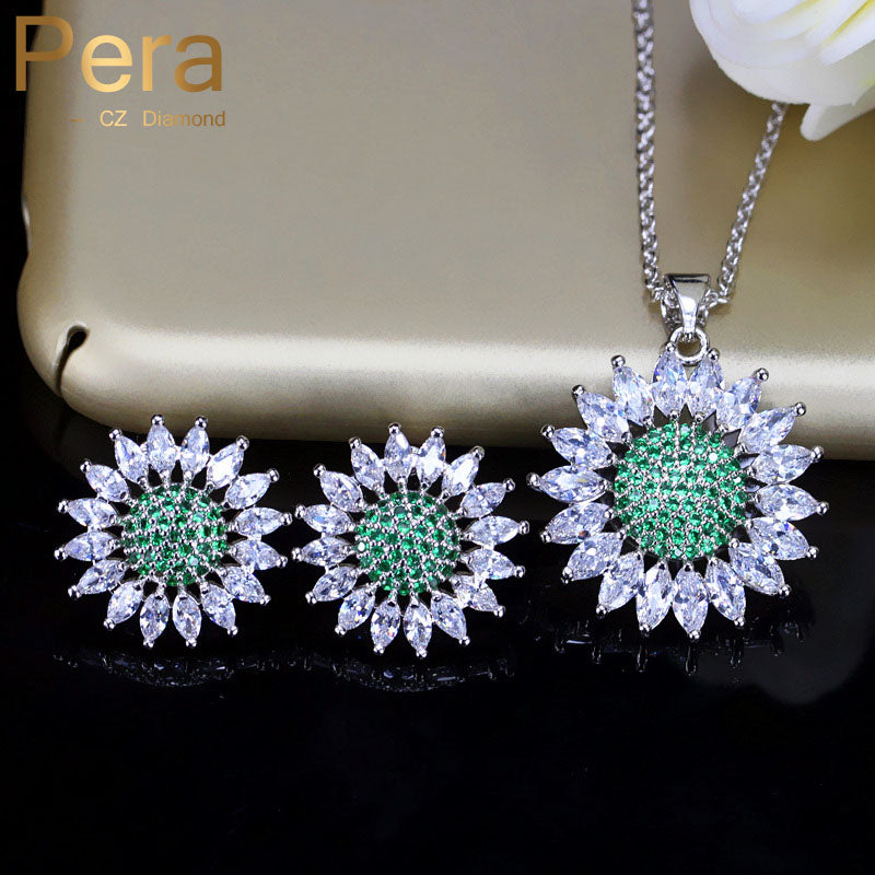 top quality fashion brilliant women jewelry set big sun flower green and white zirconia earring and necklace for party