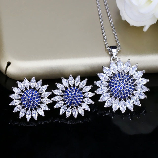 top quality fashion brilliant women jewelry set big sun flower green and white zirconia earring and necklace for party blue