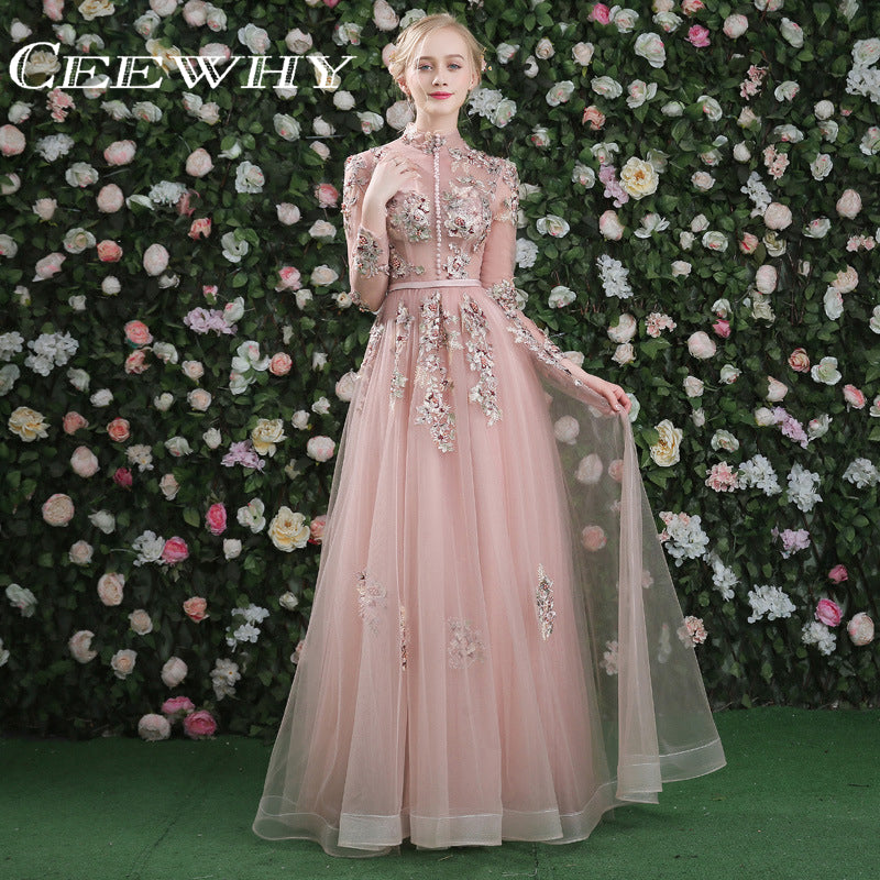 ceewhy luxury prom dress real pictures evening dress long sleeves tulle beading vintage formal dress embroidery evening gown