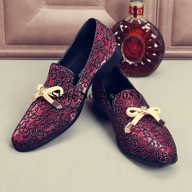 top quality men shoes luxury wine red rhinestone studded men loafers bow knot high quality men loafers wedding flat dress
