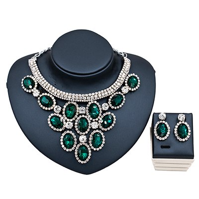 bridal crystal jewelry set silver and green
