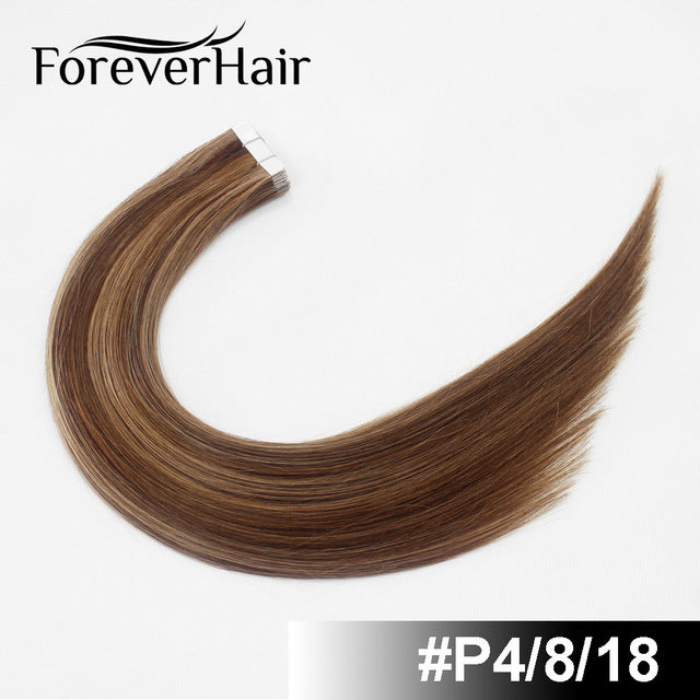 forever hair 2.0g/pc 18" remy tape in human hair extension full cuticle seamless straight skin weft hair salon style 20pcs/pac p4/8/18 / 18 inches / 12 months, 20 pcs, >=35%