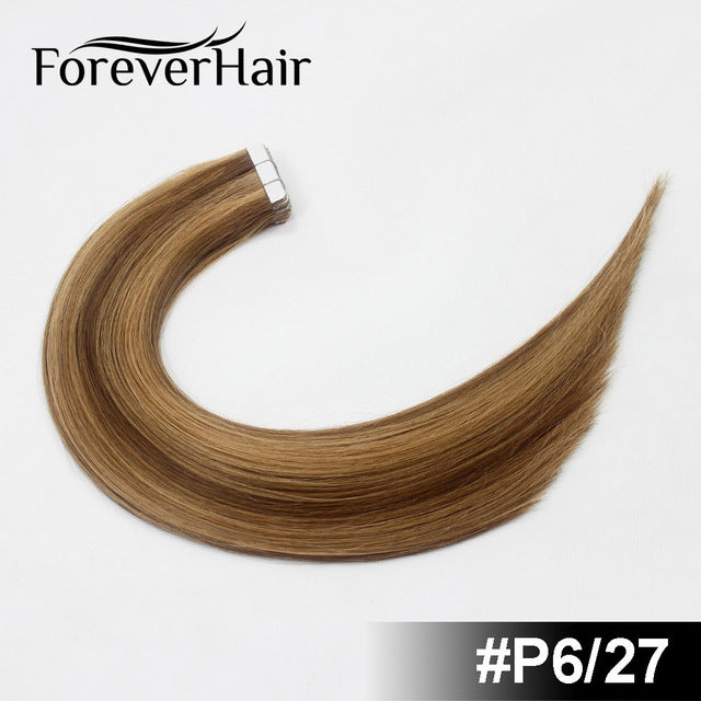forever hair 2.0g/pc 18" remy tape in human hair extension full cuticle seamless straight skin weft hair salon style 20pcs/pac p6/27 / 18 inches / 12 months, 20 pcs, >=35%