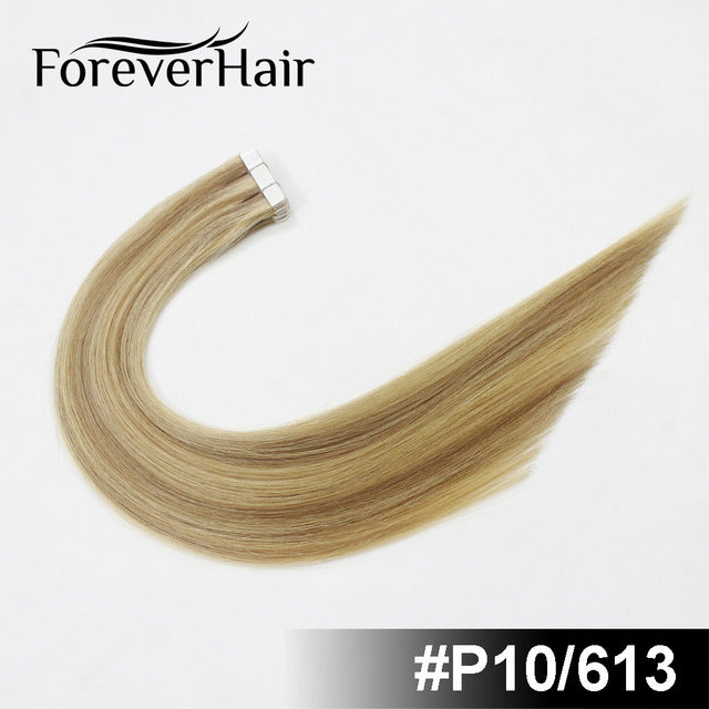 forever hair 2.0g/pc 18" remy tape in human hair extension full cuticle seamless straight skin weft hair salon style 20pcs/pac p10/613 / 18 inches / 12 months, 20 pcs, >=35%